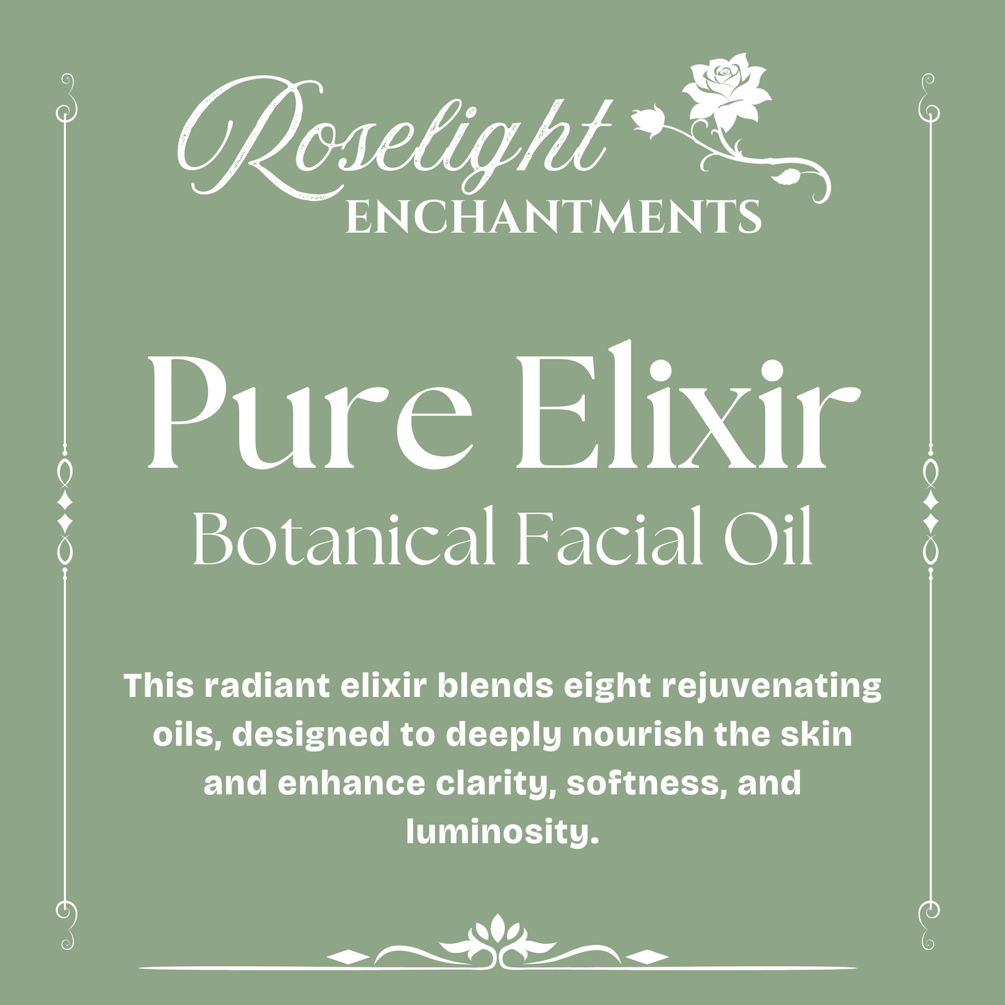 Pure Elixir Botanical Facial Oil - This radiant elixir blends eight rejuvenating oils, designed to deeply nourish the skin and enhance clarity, softness, and luminosity.