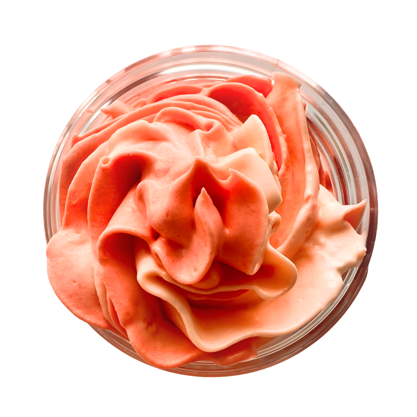 Close-up of a whipped orange and white body butter in container.
