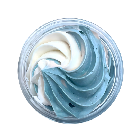Blue and White Body Butter in jar.
